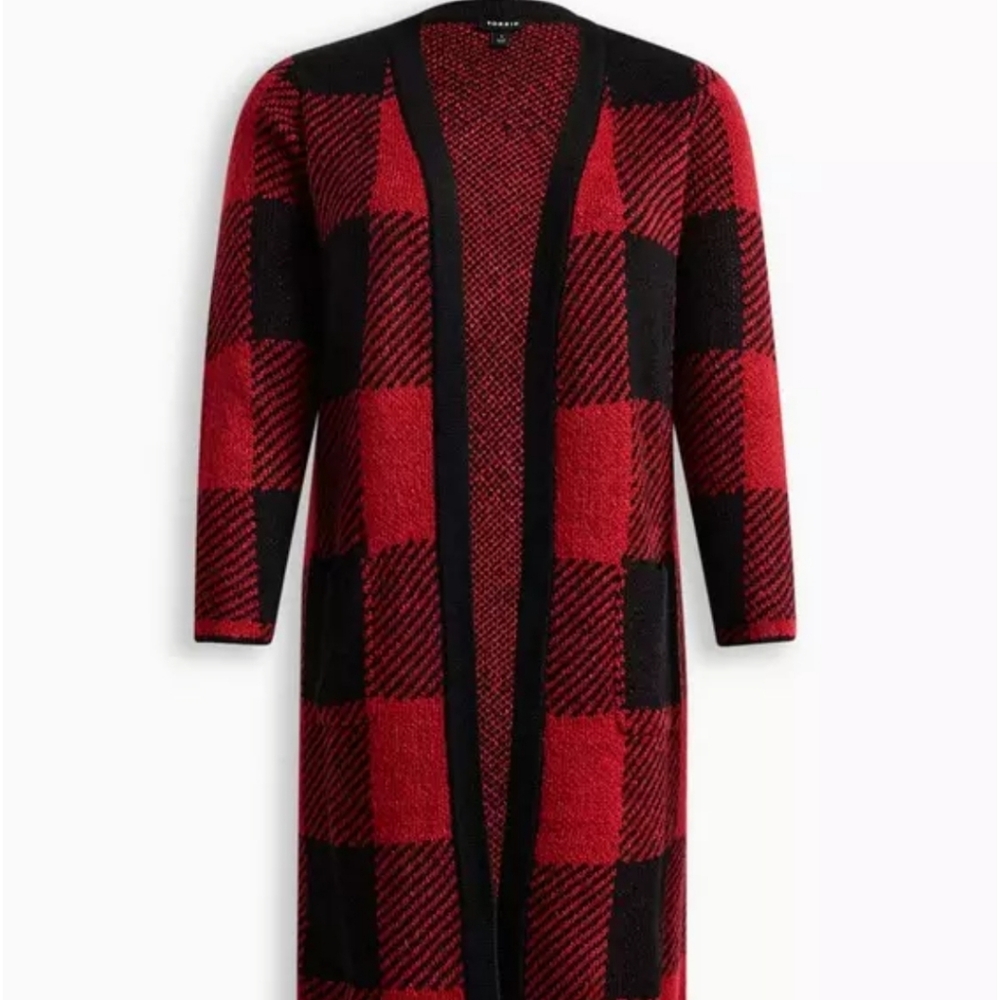 Torrid 4x Red and Black Plaid Long Cardigan - Picture 4 of 15